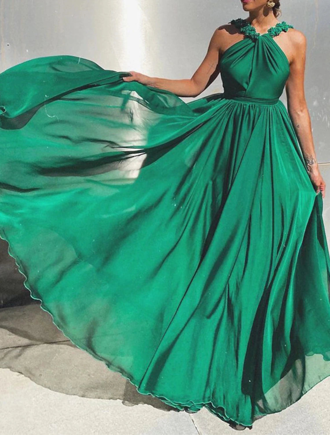 Ball Gown Wedding Guest Dresses Open Back Dress Wedding Guest Prom Sweep / Brush Train Sleeveless Halter Neck Polyester with Pleats