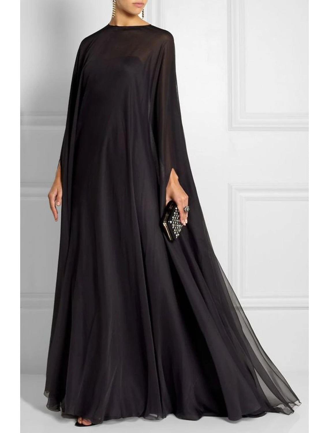 Sheath Black Dress Plus Size Evening Gown Empire Dress Formal Evening Sweep / Brush Train Long Sleeve Boat Neck Fall Wedding Guest Chiffon with Pleats