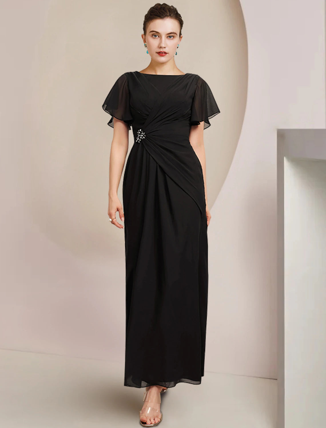 Sheath / Column Mother of the Bride Dress Wedding Guest Elegant Scoop Neck Ankle Length Chiffon Short Sleeve with Crystal Brooch Side