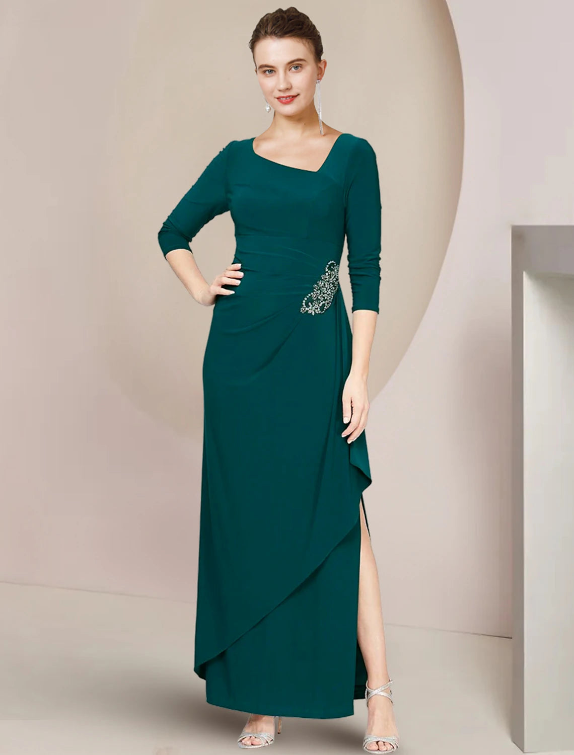 Sheath / Column Mother of the Bride Dress Wedding Guest Elegant Scoop Neck Ankle Length Stretch Chiffon 3/4 Length Sleeve with Crystals Ruffles Split Front